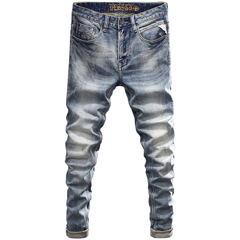 Italian Style Fashion Men Jeans High Quality Retro Blue Elastic Slim Fit Ripped Jeans Men Trousers Vintage Designer Denim Pants