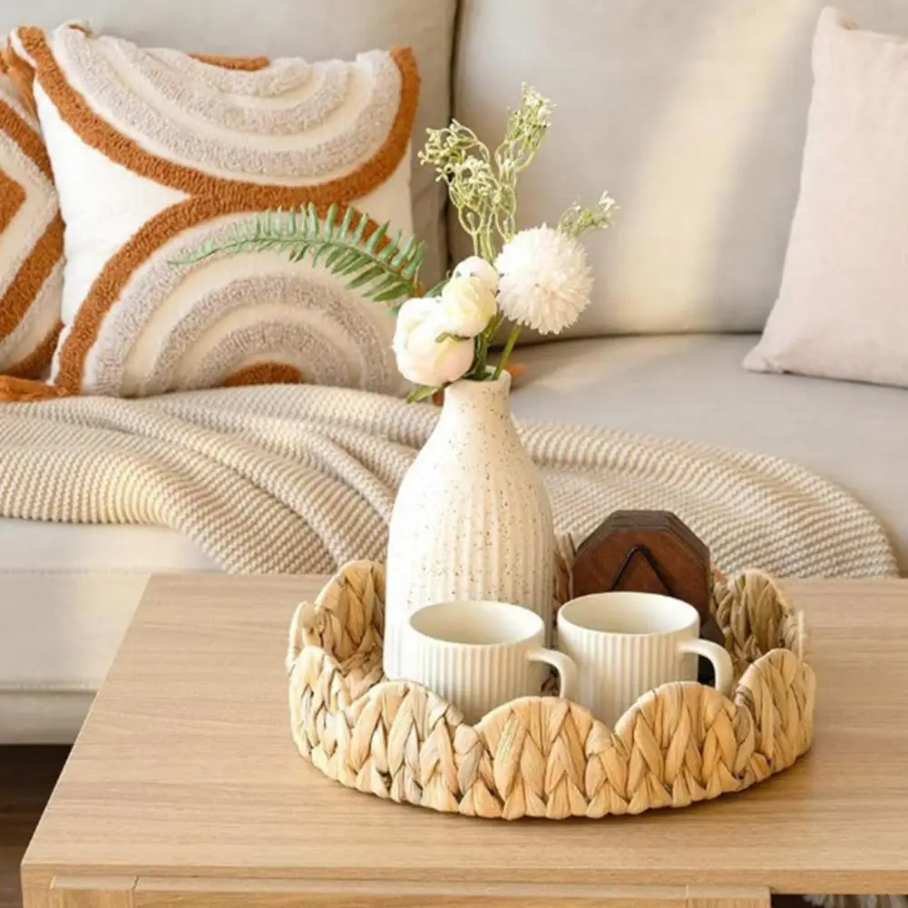 Bandeja redonda de mimbre con asas para decoración del hogar, cesta de servicio de algas marinas para habitación, solución de almacenamiento de diseño moderno