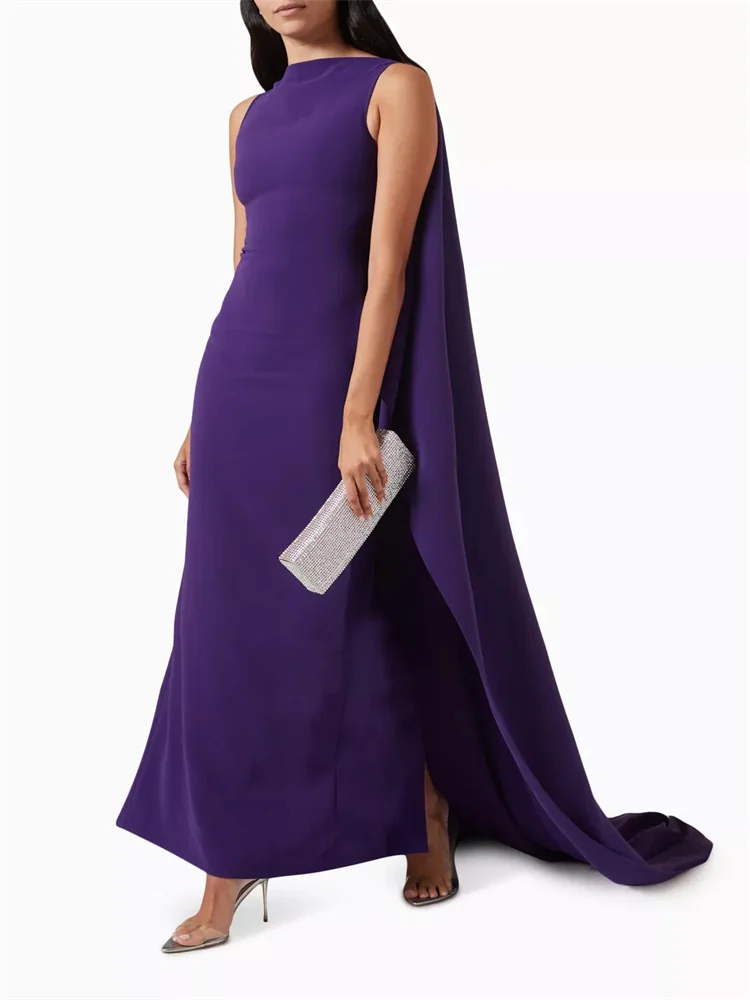 New Arrival Round Neckline Sleeveless Crepe Evening Dress Elegant Back Zipper With Cape Floor Length Sweep Train Gown For Women