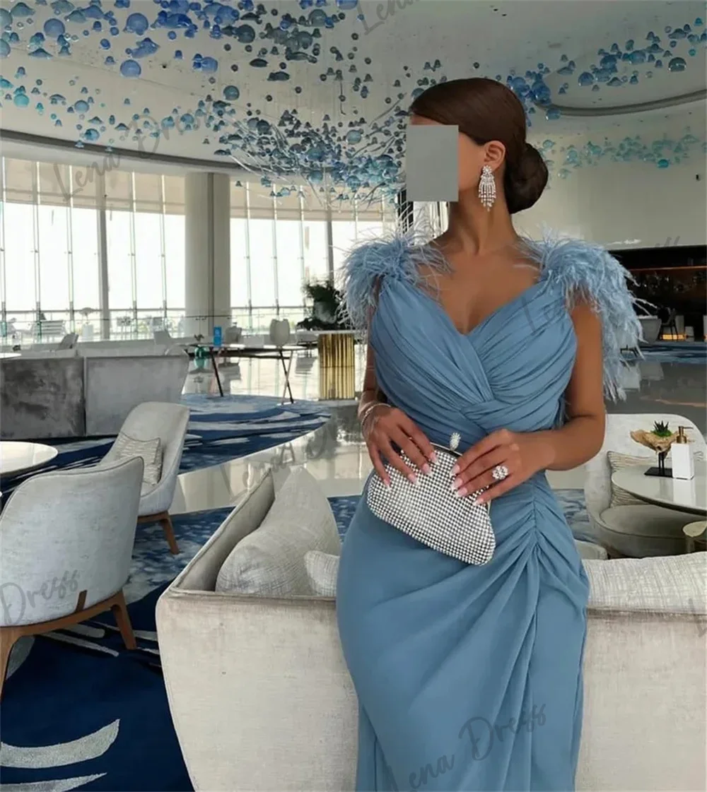 Lena-Sky blue chiffon ball dress, luxurious feather evening dress, pleated Saudi Arabian ball dress