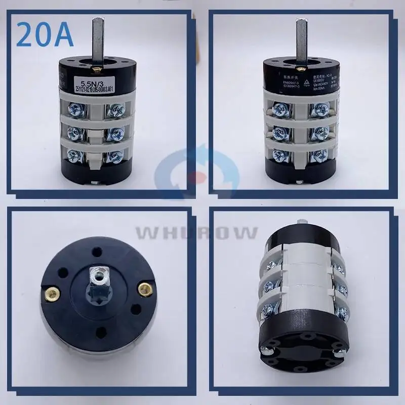 YMZ12-20 5.5N/3 Changeover Knob Rotary Cam Switch 3 Poles Positions Silver Contact Manual Control Forward Reverse