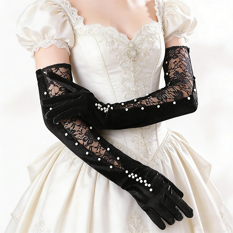 55CM Women's Long Velvet Lace Gloves Sheer Floral Mesh Faux Pearl Elegant Gothic Vintage Opera Bridal Evening Party Prom cosplay