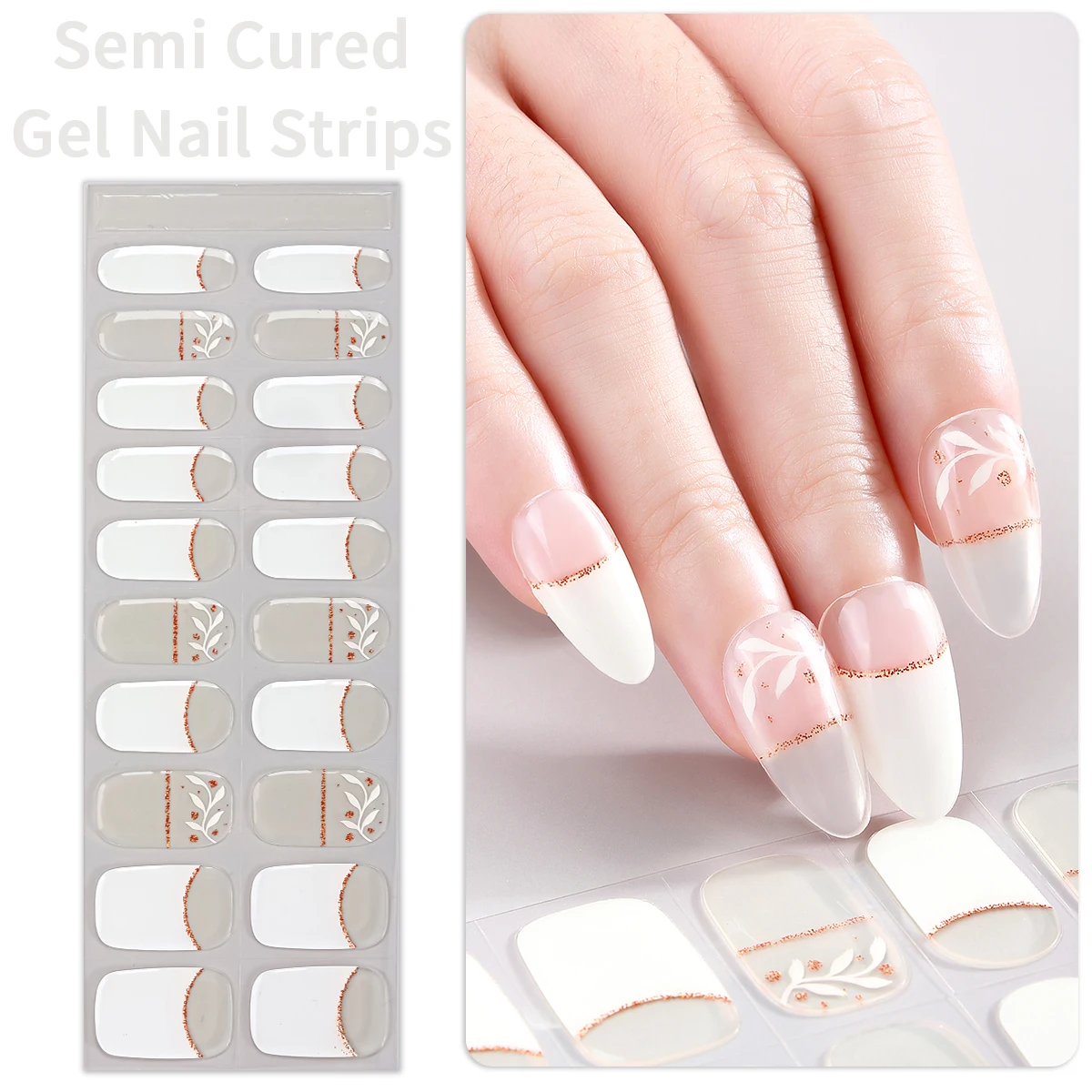 

20Tips White French Semi Cured Gel Nail Strips Patch Sliders Full Cover Gel Nail Stickers for Women Salon Nail Art Decoration