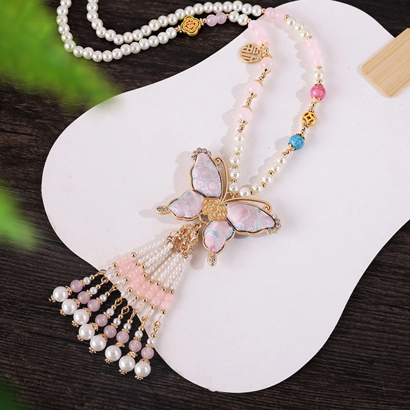 Butterfly Pendant Necklace with Song Brocade and Pearls for Sweaters Dresses