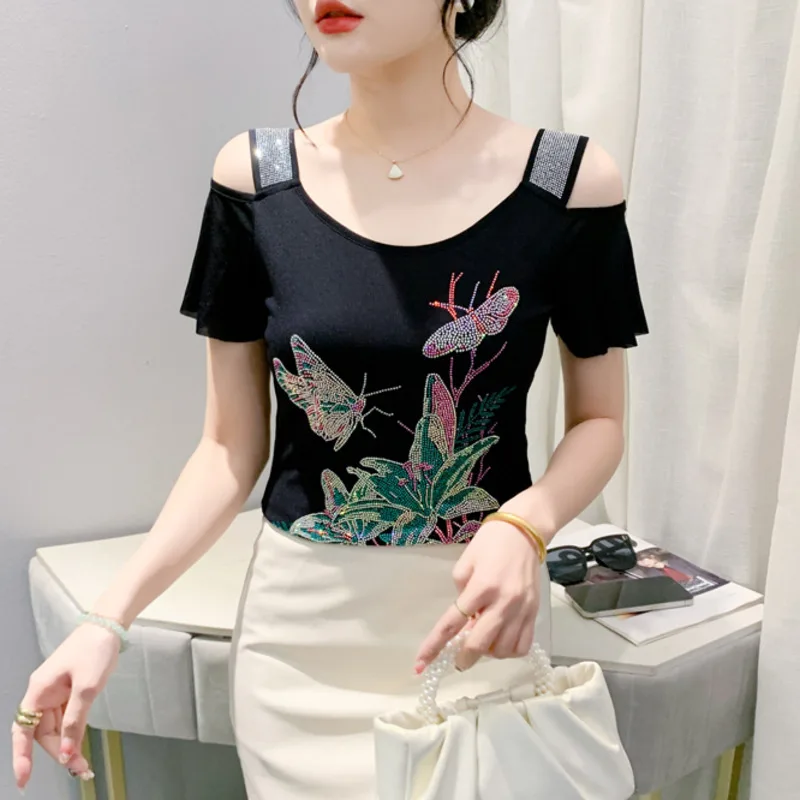 2025 صيف جديد أمريكا العلامة التجارية فراشة تصميم تي شيرت مثير قبالة الكتف لامعة زهرة الساخن الماس النساء بلايز سيدة أنيقة تيز