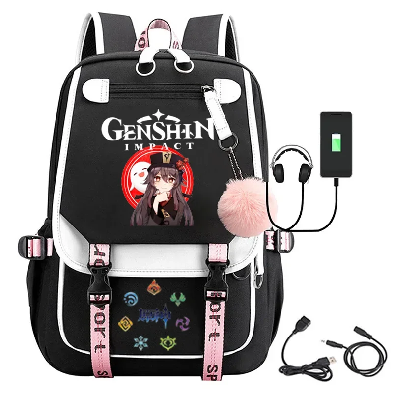 Genshin impact travel backpack cosplay anime Oxford waterproof large capacity laptop backpack Boys Girls black pink schoolbag