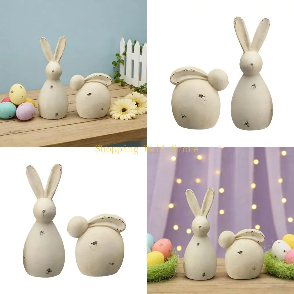 KX4B Easter Table Decors Resin Bunnies Figurine Set of 2 Distressed Ornaments For Spring Home Decoration And Holiday Gift