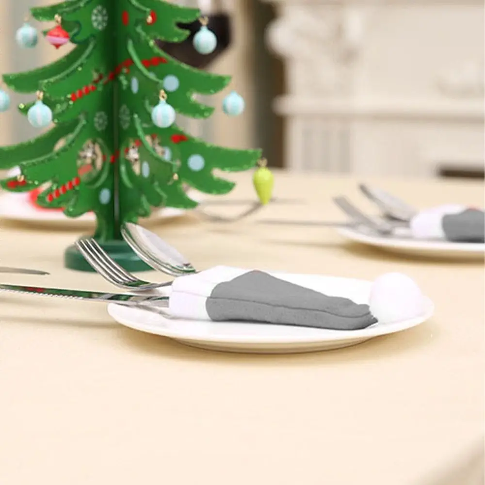 10pcs Grey Christmas Hat Cutlery Holder Non-woven Handmade Mini Santa Hat Ornaments Exquisite Funny Wine Bottle Cover