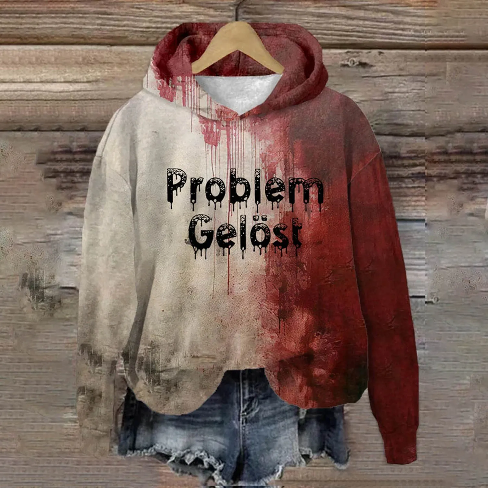 Funny Letters Prints Halloween Bloody Splatter Hoodies Loose Fit Casual Hooded Sweatshirt Women Long Sleeve Fall Pullover