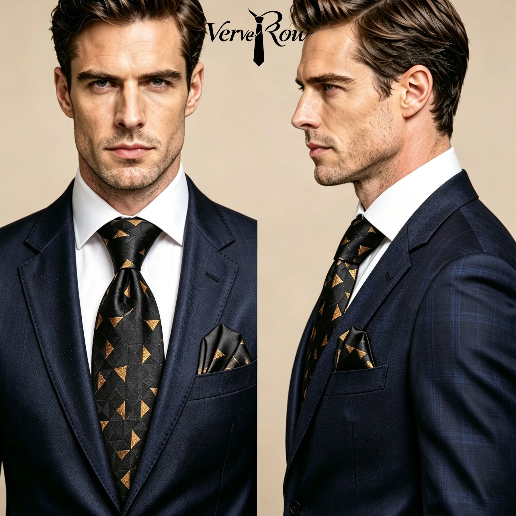 VERVEROW Men Geometric Triangle Jacquard Necktie Pocket Square Set Formal Dress Tie Handkerchief for  Business Party Occasions