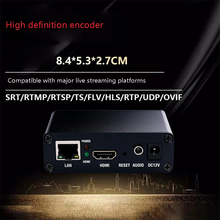 

H.265 Кодер высокой четкости HDMI к SRT/HLS Коллекционный мониторинг компьютера NVR Запись экрана IPTV 12 В/DC 2A