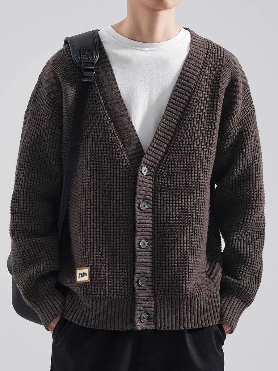 

Мужской кардиган в американском ретро-стиле с V-образным вырезом, осенне-зимний, свободный, повседневный, вязаный свитер, верхняя одежда из полиэфирного волокна
