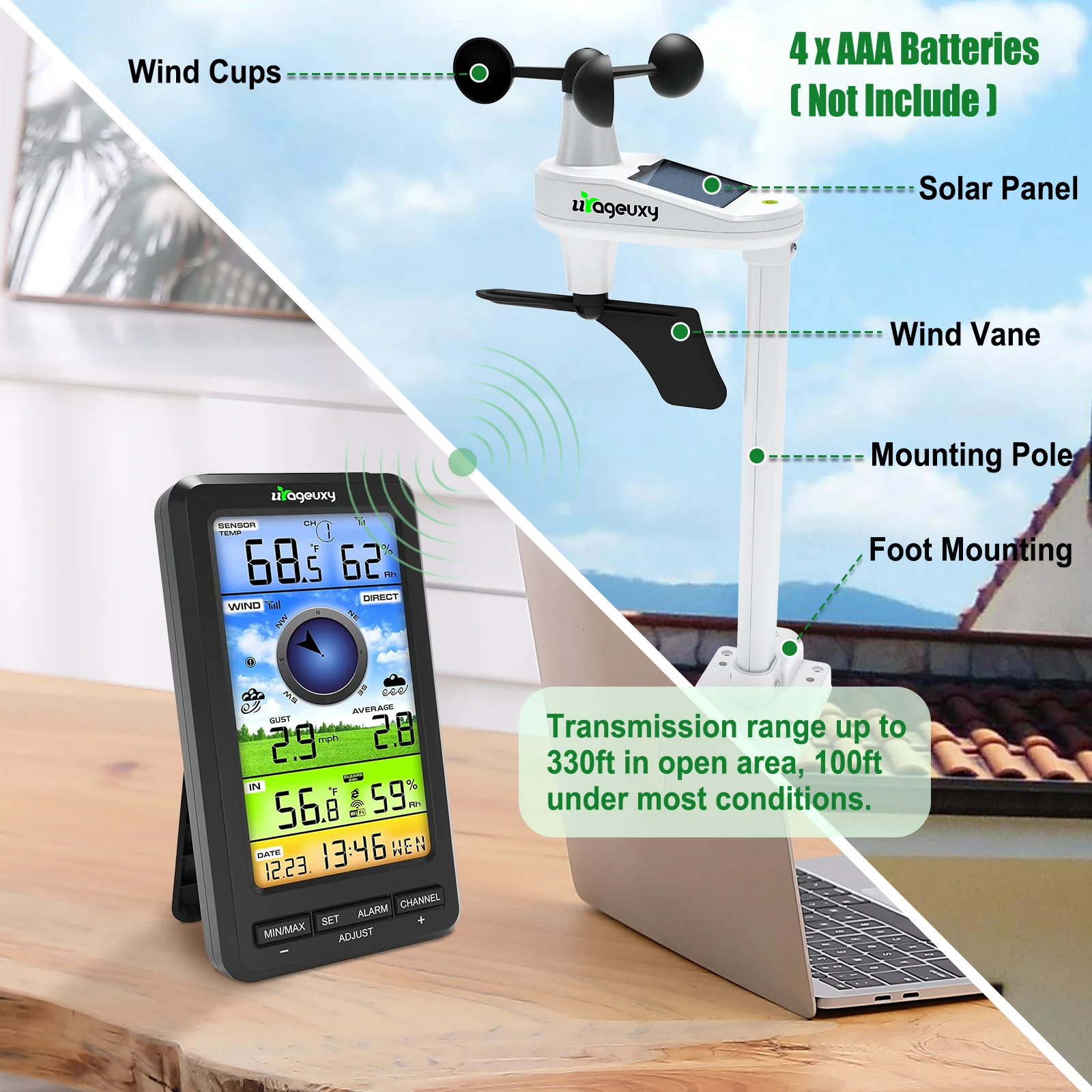 2025 WiFi Anemometer Weather Station Digital Thermometer Hygrometer With Indoor/Outdoor Wind Speed/Direction Sensor For home