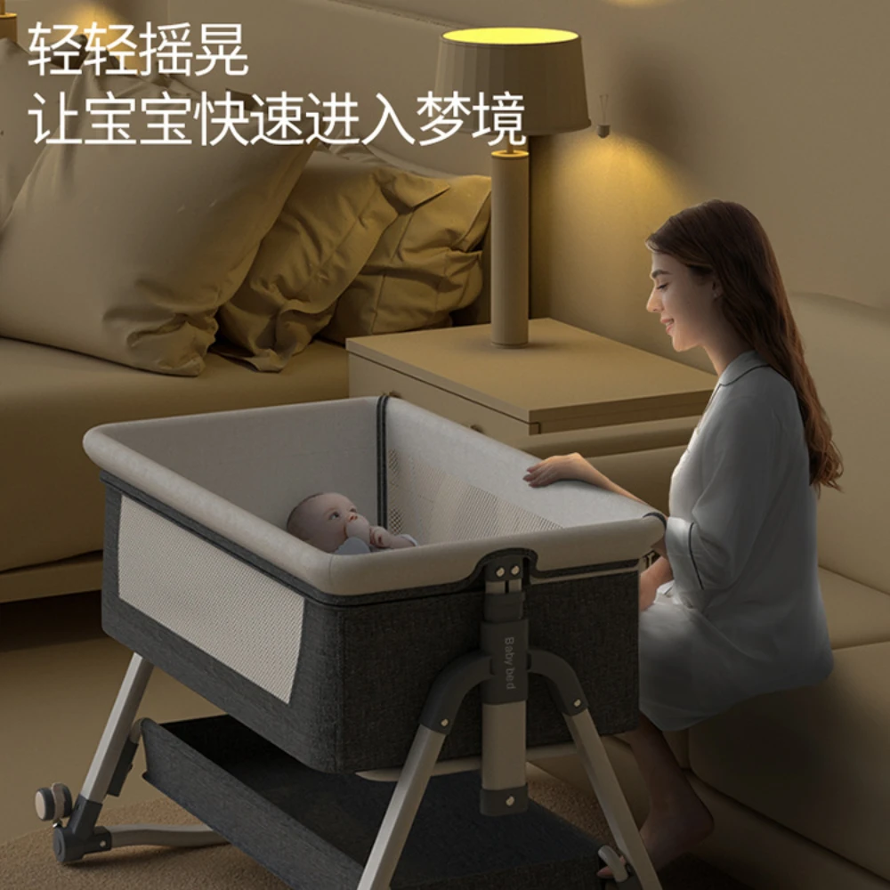 Portable Movable Crib Can Be Folded High and Low Adjustable Splicing Bed Modern Simple Baby Cradle Bed