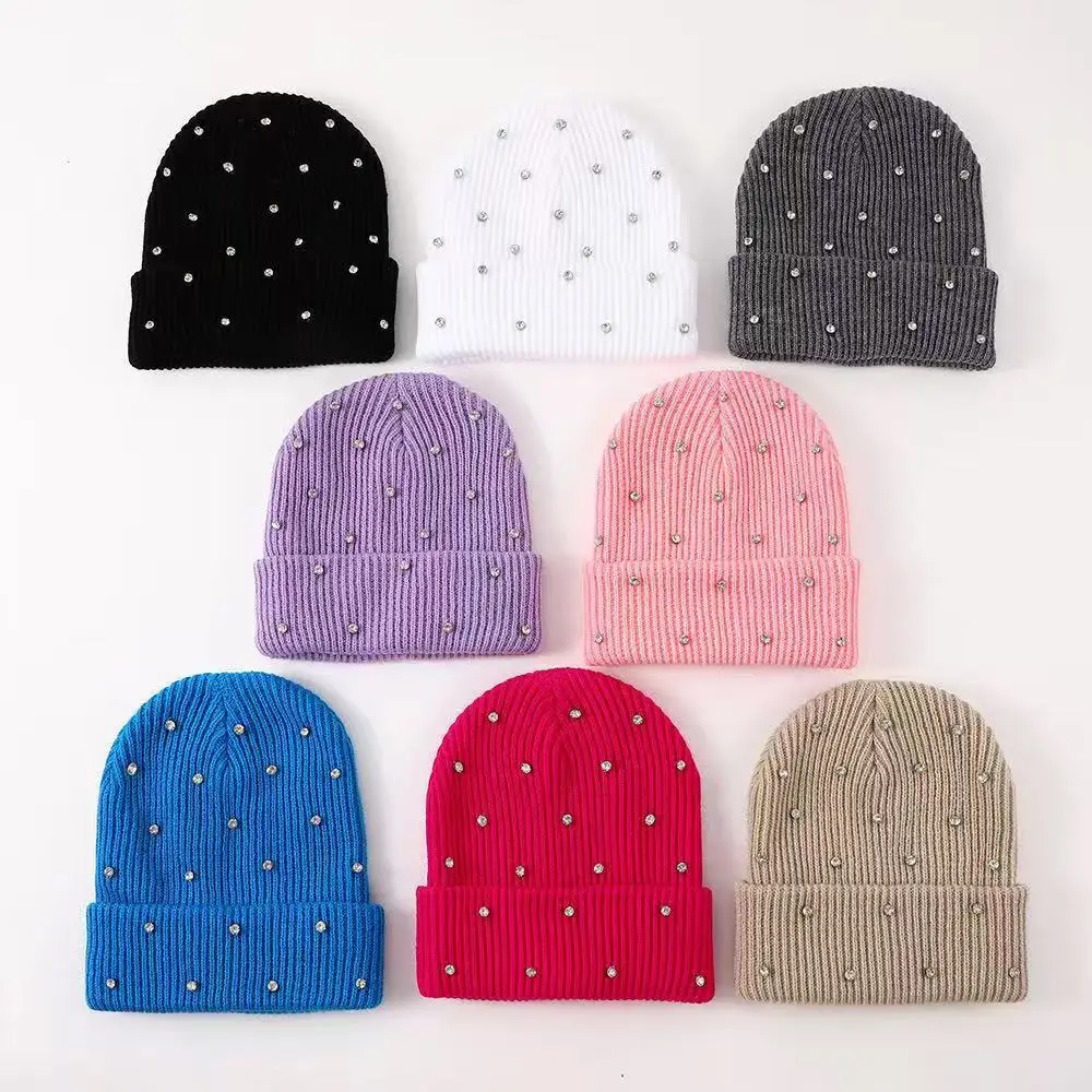 Diamond Encrusted Solid Color Beanie Hat American Style High Quality 100% Cotton Stretchable Casual Cap for Men And Women