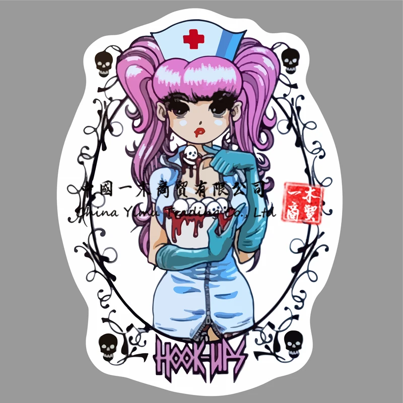 Vintage Hook Ups Sweet Nurse Bloody Skulls Pink Hair Girl Skateboard Sticker Mini Skirt Evil Nurse Costume