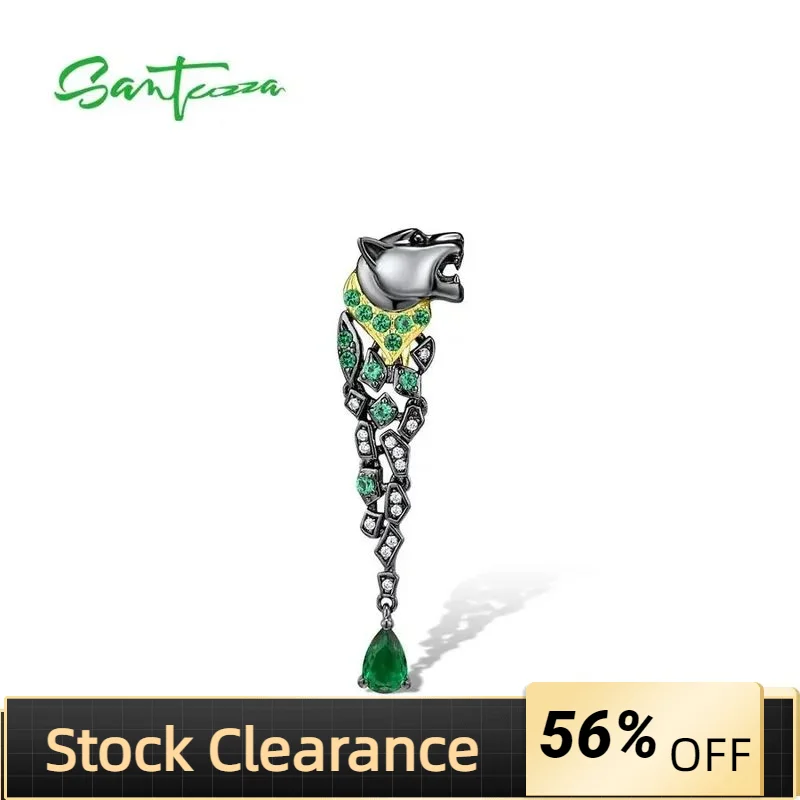 

SANTUZZA Silver Pendant For Women Genuine 925 Sterling Silver Black Color Leopard Panther Green Spinel Trendy Party Fine Jewelry