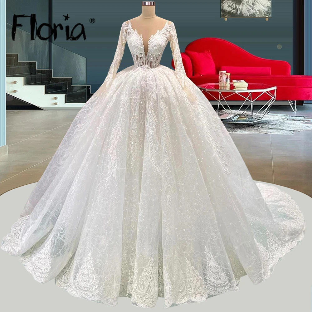 Abiti da sposa a maniche lunghe con scollo a V profondo di lusso per le donne abito da sposa con cristalli di perline stile Dubai abiti da sposa splendidi formali