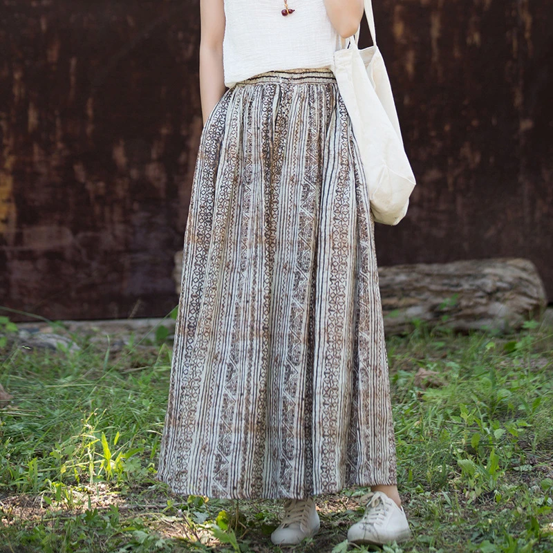 100% Ramie Women Casual Long Skirt New Arrival 2026 Summer Vintage Style Print High Waist Female Basics A-line Skirts M2851