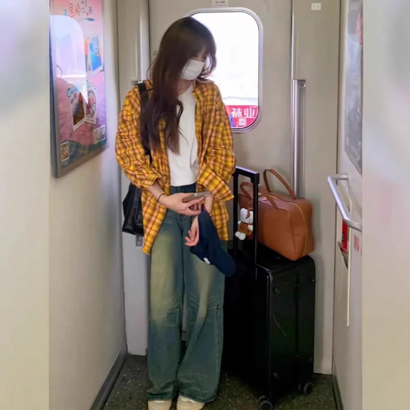 

American Style Yellow Plaid Shirt Women Spring New Dopamine Shirt Loose Casual Retro Couple Top