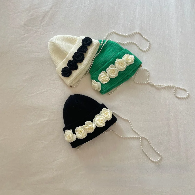 Franse Retro Kinderen Wol Hoed Chic Drie-Dimensionale Camellia Parel Hanger Beanie Hoed Koele Jongen Meisje Trui Cap