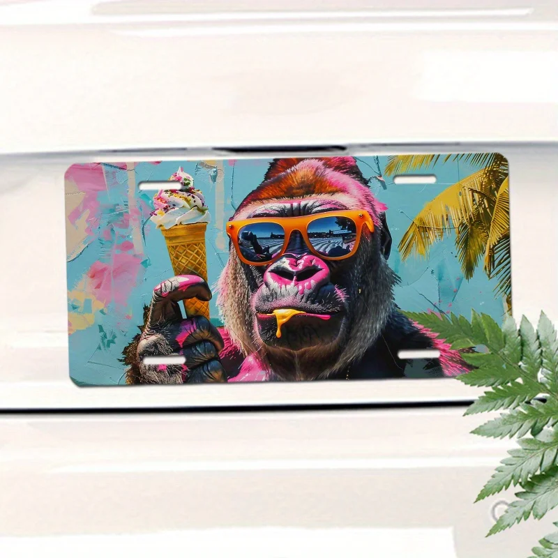 2D Flat, Gorilla Ice Cream Novelty License Plate Frame,  Plaque, Decorative Front License Plate, 1pc, 15.24x30.48 cm, for Decora