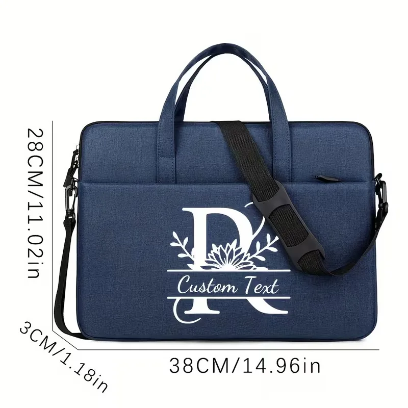 Custom Name/Text Laptop Bag, Logo & Floral Lettering, Lightweight Messenger Briefcase with Adjustable Strap, Zipper Closure