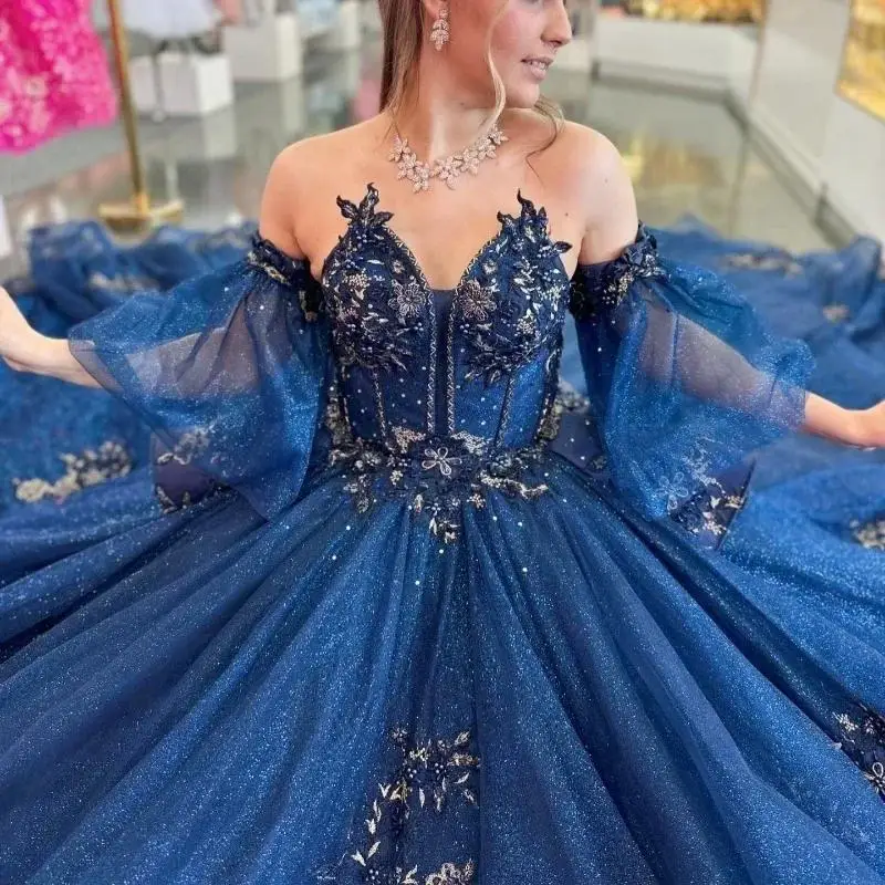 Vestido de fiesta azul marino con hombros descubiertos, vestidos de quinceañera brillantes, apliques de princesa dulce 16, vestidos de graduación con cuentas de encaje personalizados