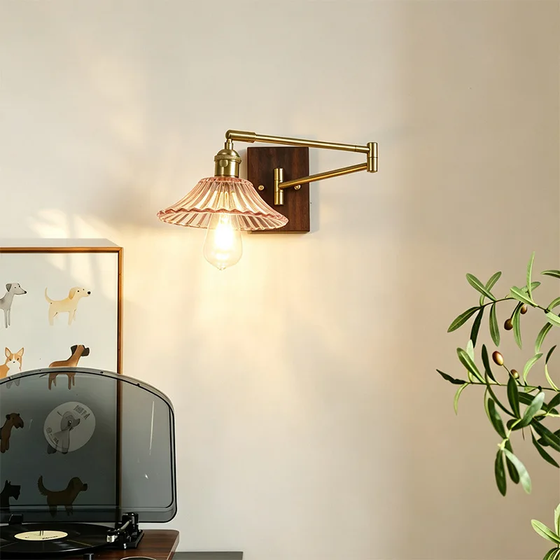 Medieval Telescopic Arm Glass Wall Lamps Walnut Retro Creative Living Room Bedroom Corridor Study Reading LED Wall Lights