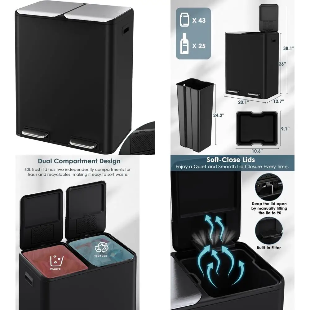 

Arlopu 16Gal Dual Trash Can w/2 Built-in Box for Odor Control, Hands-Free Kitchen Garbage Bin, Recycle Waste Dustbin, Soft-Close