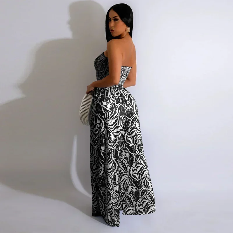 GUWU senza spalline elastico senza maniche dritto gamba larga moda foglia stampata tuta da donna 2024 tuta da spiaggia sexy set intero