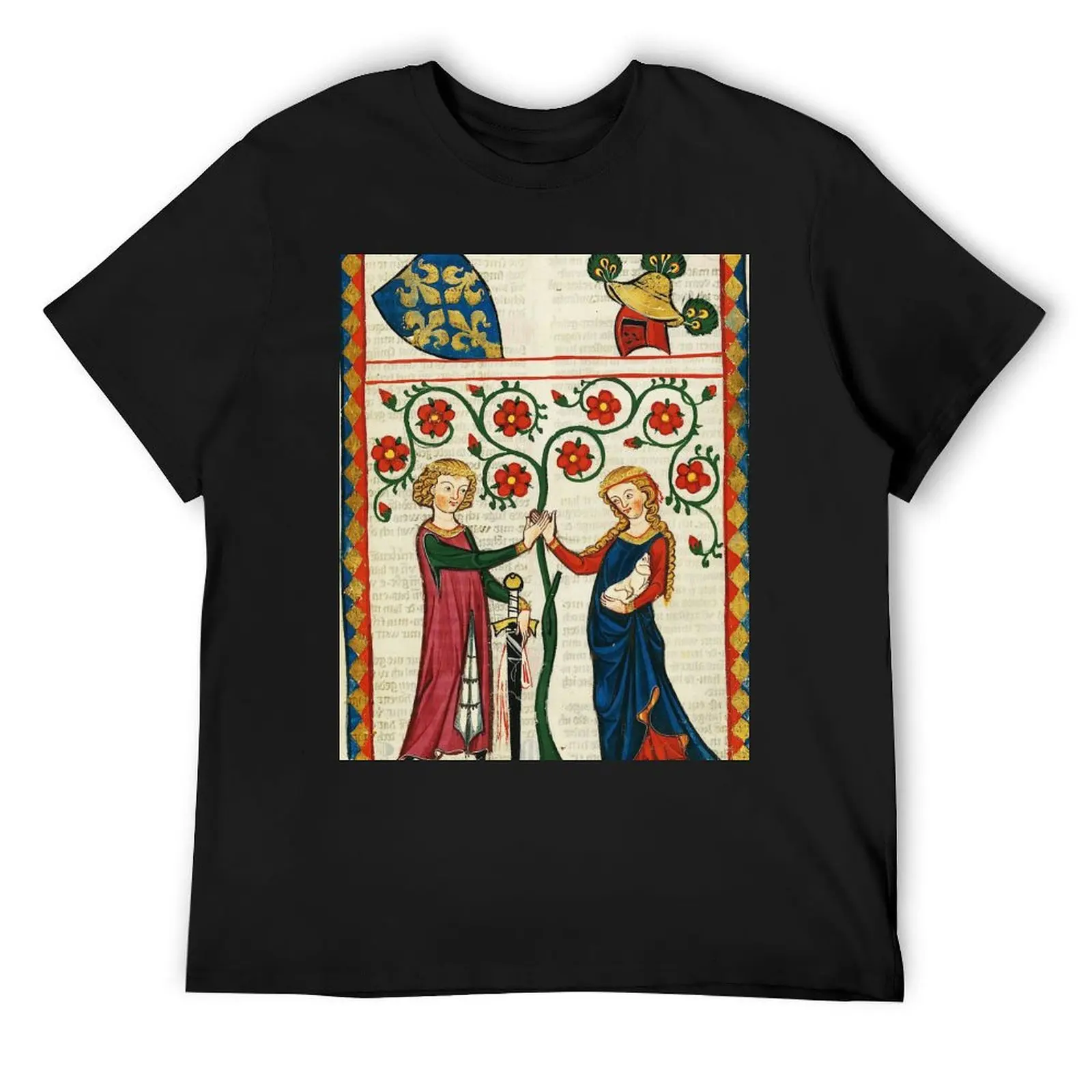 

GERMAN POET WITH HIS BELOVED LADY ,MEDIEVAL MINIATURE WITH WILD ROSES T-Shirt custom t shirt shirts graphic tee men