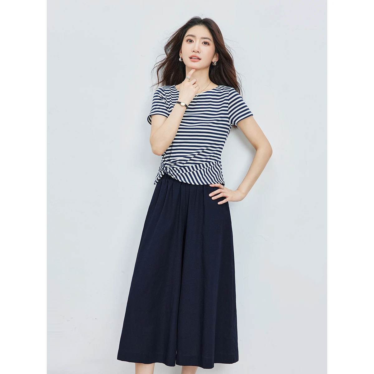 VIMLY Casual Commuter Women's Suit Summer 2026 New Striped T-shirt Wide Leg Pants Two-piece Set Simple Daily Outfit A6569