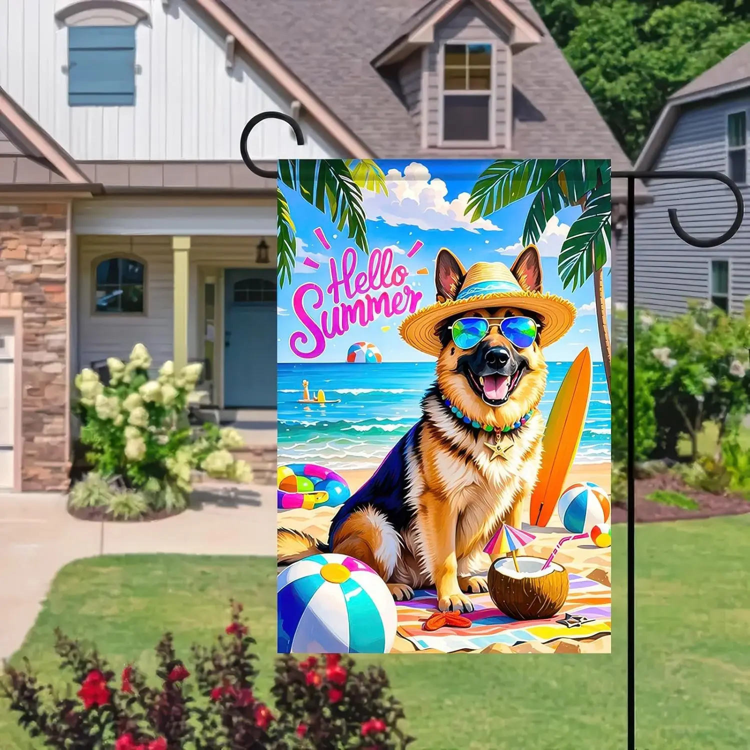 مرحبا الصيف شاطئ حديقة العلم كلب الراعي الألماني علم الشاطئ الاستوائي 12x18 بوصة مزدوجة الوجهين ساحة علم صغير للخارج H LLE