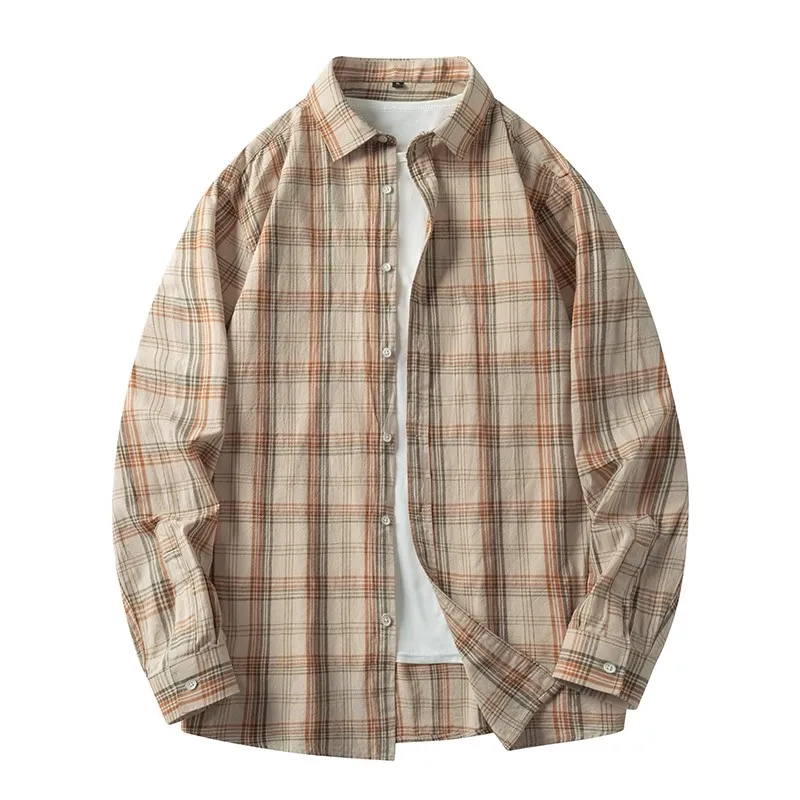 

Мужская свободная рубашка в клетку с длинным рукавом в гонконгском стиле, весна-осень, повседневная, модная, брендовая, хлопковая, молодежная, трендовая, на пуговицах
