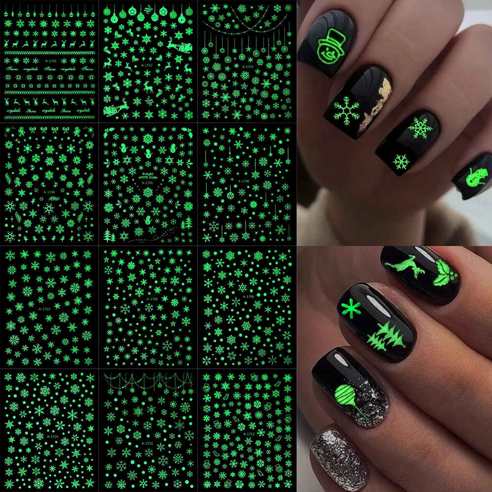 1Pc Lichtgevende Kerst Sneeuwvlokken Nail Stickers Glow In The Dark Sneeuwpop Elanden Stickers 3D Winter Nieuwjaar manicure Sliders