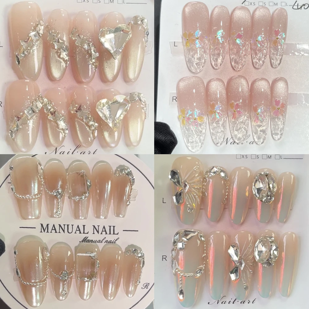 

Simple Fashion Long Coffin Ellipse Removable Press On Nails Hand Painted Butterfly Diamond Cat Eyes Sequins Design False Nail