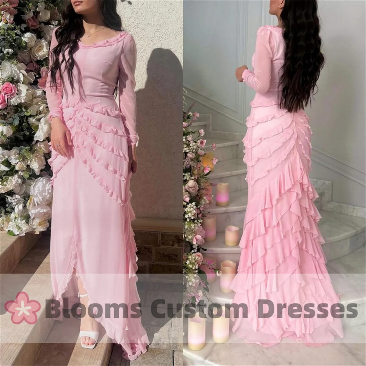 

Blooms Sweet Pink Chiffon Tiered Prom Dress Long Sleeves Ruffle Gorgeou Evening Dress Elegant Party Gown Birthday Dress