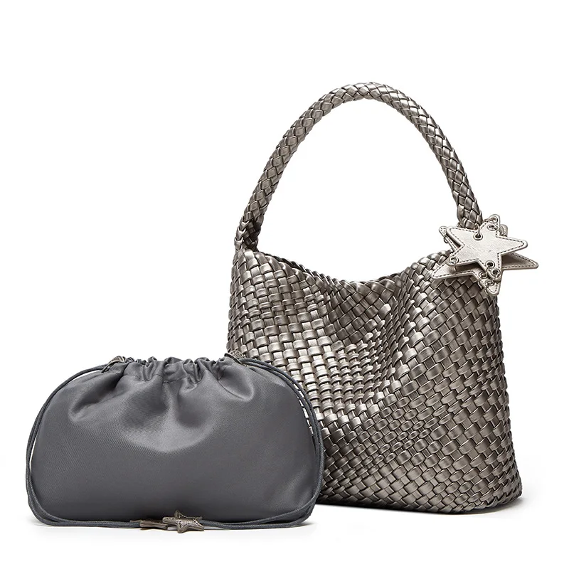 

Bohemian style Medium Champagne Gold Bucket Bag Hand Woven PU Tote Shoulder Bag Armpit Bag Elegant Day Bag