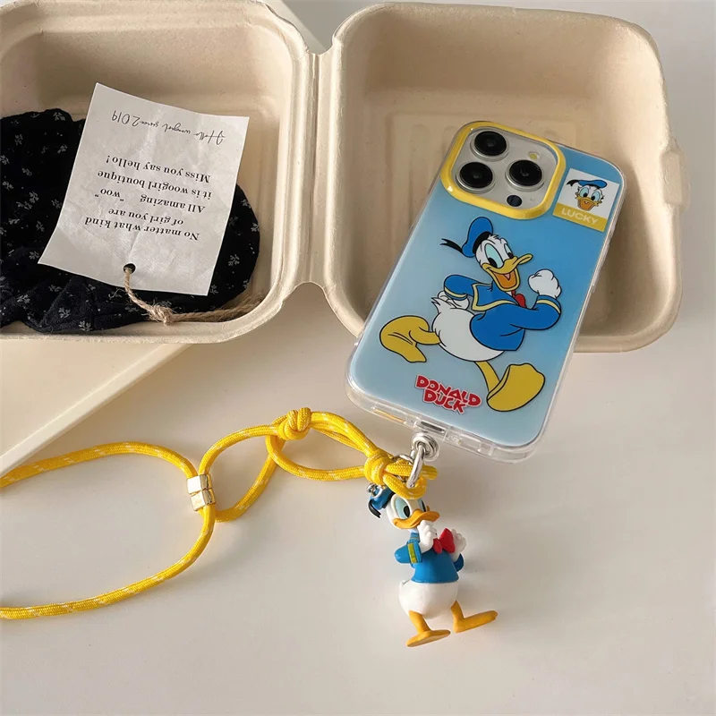 Disney süße Donald Duck lustige Cartoon weiche Silikon Handyhülle für iPhone 15 14 13 12 Pro Max Donald Duck Puppe Lanyard Anti-Drop