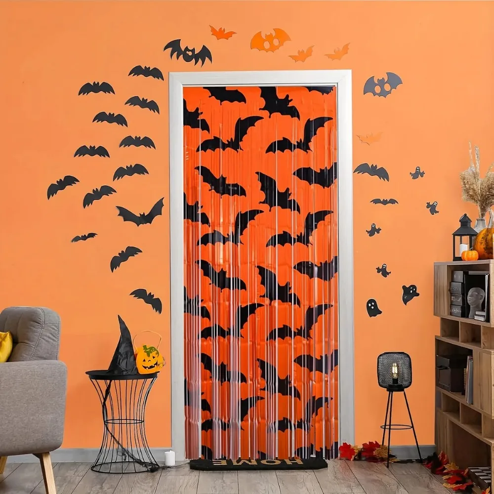 1Pc Black Bat Pattern Orange Foil Fringe Backdrop, Halloween Themed Photo Booth Background Decor For Holiday Party Supplies - view 3