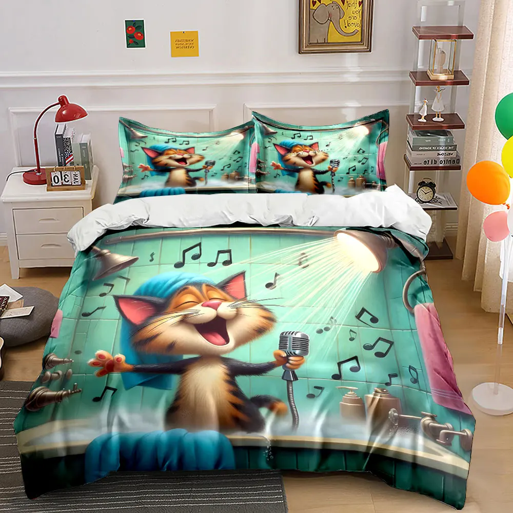 The cat singing in the bathroom cartoon Printed Duvet Cover Set1 Duvet Cover+2 PillowcaseMulti Size Bedroom Bedding Decoration