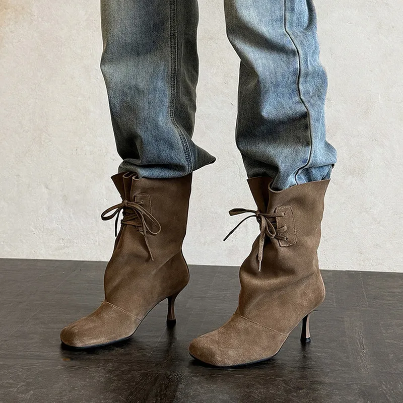 Botines de Gamuza para Mujer, Punta Redonda, con Cordones, Tacón de Aguja de 7CM, Suela de TPR, Estilo Vintage, Color Negro Caqui F496