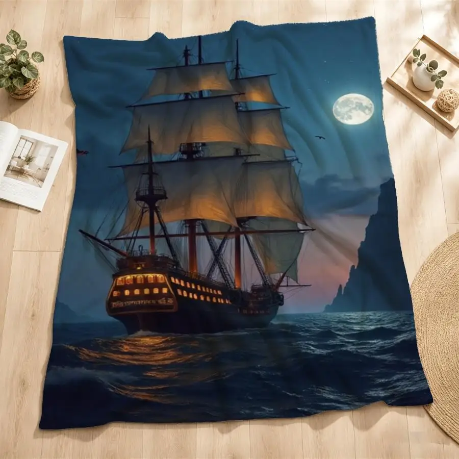 Majestic Moonlit Ship Flannel Throw Blanket - Soft & Warm Sailing Vessel Design with Starry Ocean Views, Ideal for Couch, Bed, Office & Travel, Perfect Vintage-Style Gift for Family & Friends, Machine Washable 2D Flat Weighted Blanket 280GS