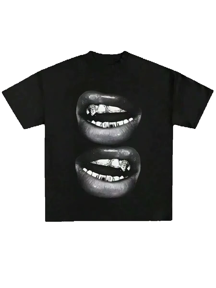 Grill Lips Funny Graphic T-shirt Pure Cotton Soft Casual Pattern Print Short Sleeve Tee