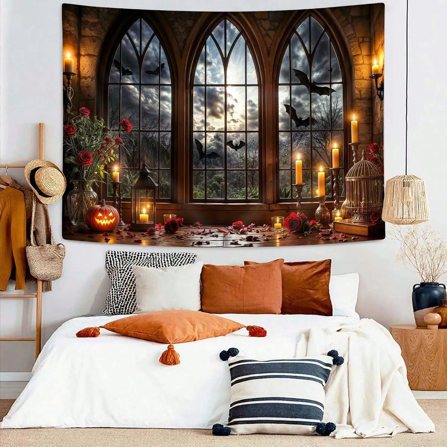 INGIFTA Halloween Decor- Halloween Gothic Window Tapestry, Spooky Bat Jack-O-Lantern Wall Hanging, Vintage Medieval Castle Window Backdrop With Candles And Roses, Dark Academia Aesthetic Tapestry Halloween Decor Room Decor, Wall Decor. Halloween Gifts view 3
