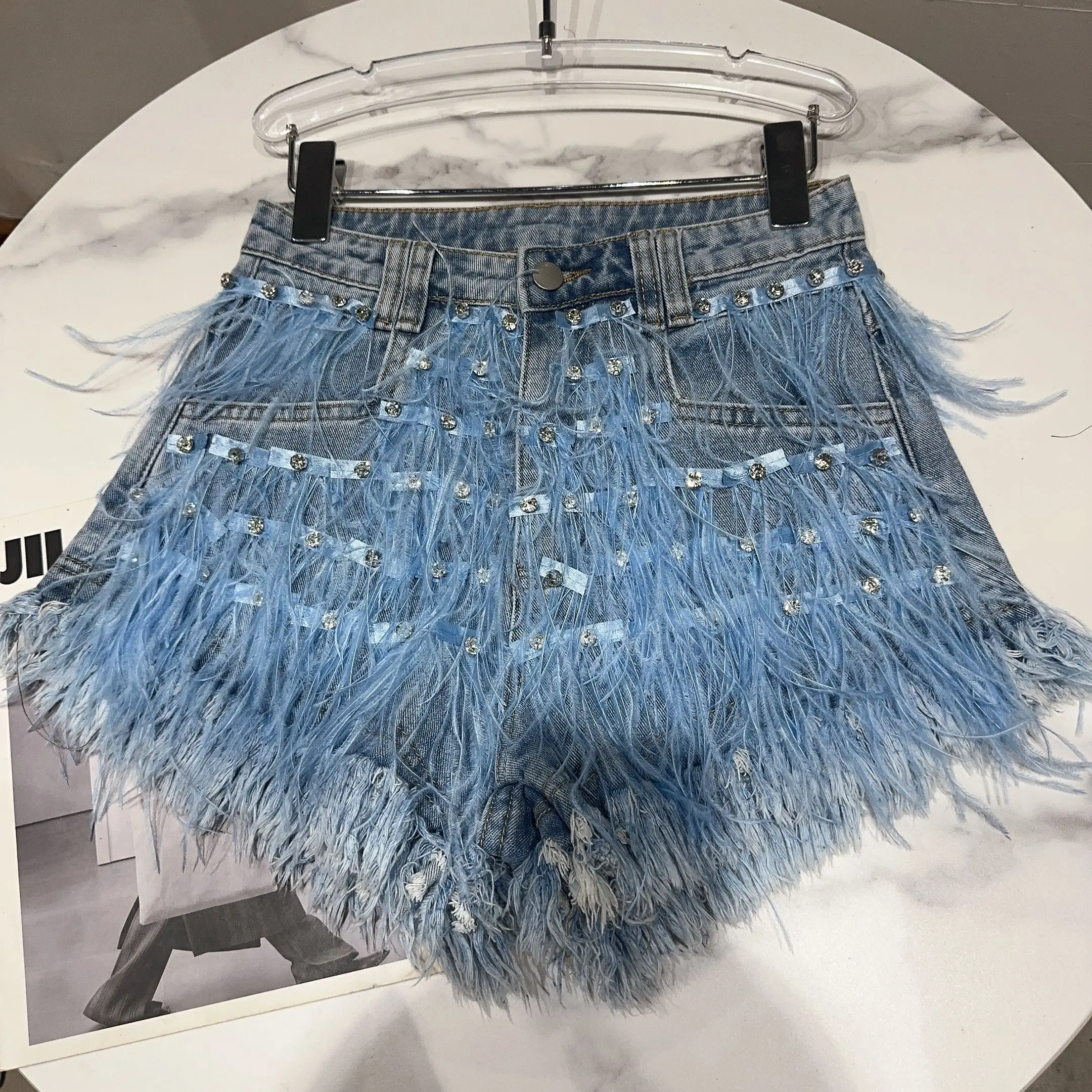 2023 Rhinestone Beaded Exquisite Feather High Waist Denim Short Women's Blue Jeans Shorts Nightclub Sexy Hot Pants Fashion