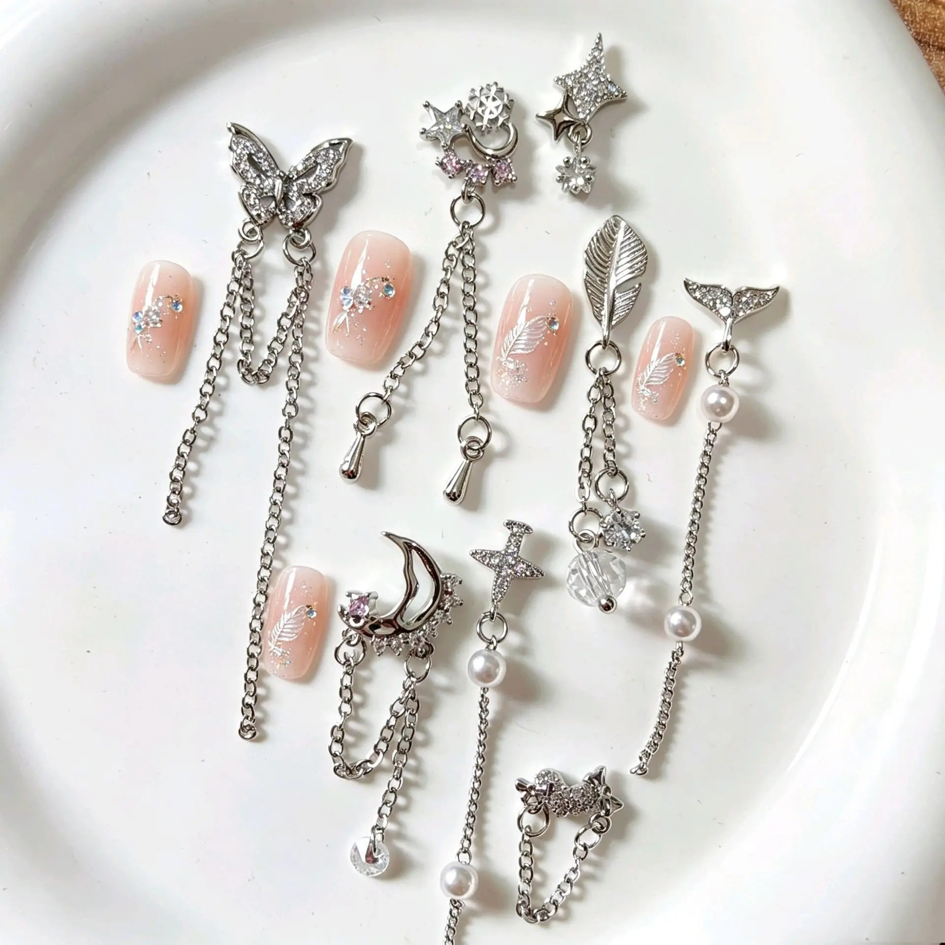 10pcs Butterfly Star Moon Snowflake Chain Nail Art Part Figures Zircon Crystal Manicure Supplies Decorations Charms for Nail Art
