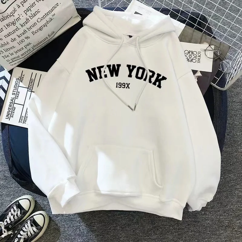 Hoodie Europe and America Sweatshirts for Women New York Letter y2k Autumn Winter Oversized Plus Velvet Casual Loose Fleece Tops