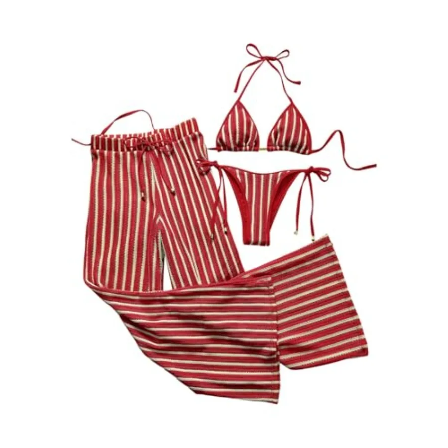 

Verdusa Women's 3 Pcs Cheeky Striped Crochet Bikini Set Halter Tie Side Swimsuits with Cover Up Pants 2026